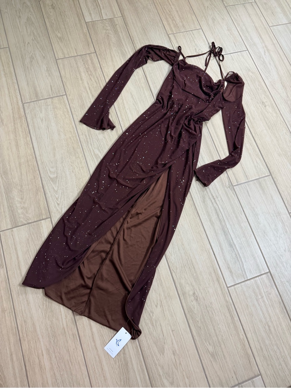NWT Brown Sequin Maxi Dress Halter Split Bodycon Formal Prom Size L